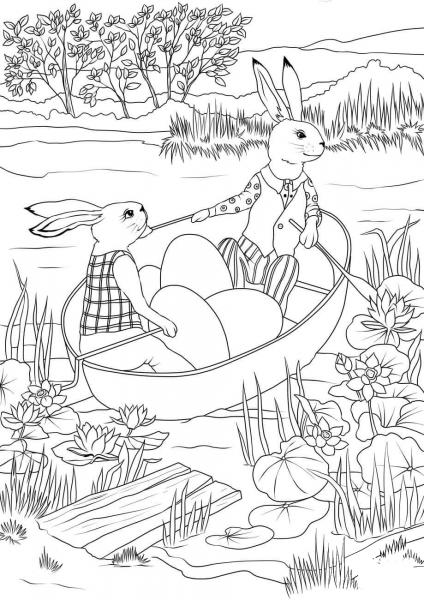 Rabbits in a Boat with Easter Eggs coloring page image