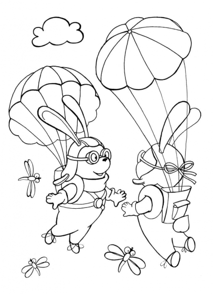 Rabbits Parachutists Met Each Other in the Sky coloring page image