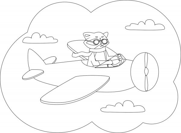Racoon flying on the Plane coloring page image