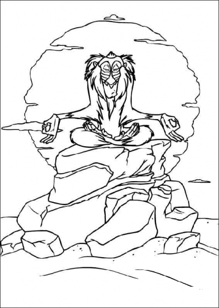 Rafiki mandrill is in a deep meditation under the moon  coloring page image