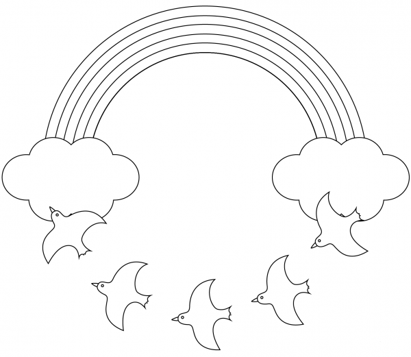 Rainbow and Birds coloring page image