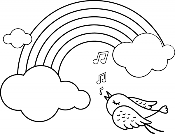 Rainbow and Singing Bird coloring page image
