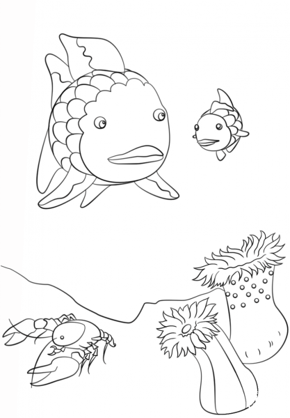 Rainbow Fish, Crawfish and Small Fish coloring page image