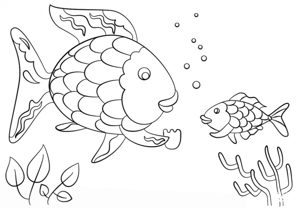 Rainbow Fish Gives a Precious Scale to Small Fish coloring page image