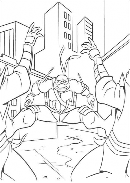 Raphael kicks 2 Foot Clan ninjas coloring page image