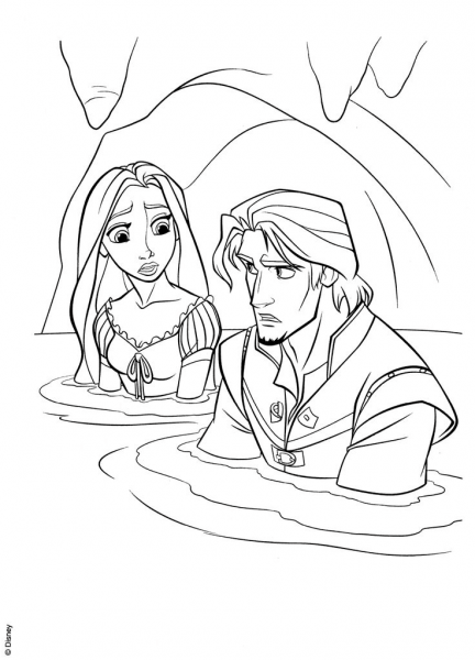 Rapunzel and Flynn in a Cave coloring page image
