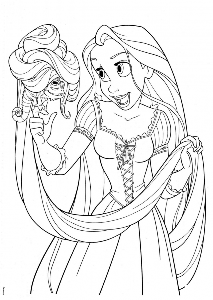 Rapunzel with Pascal coloring page image