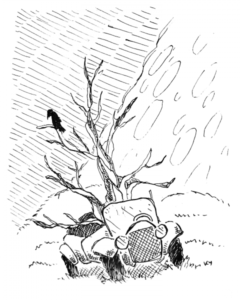 Raven, tree and old car coloring page image