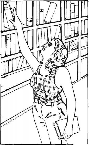 Reaching For A Book in the library coloring page image