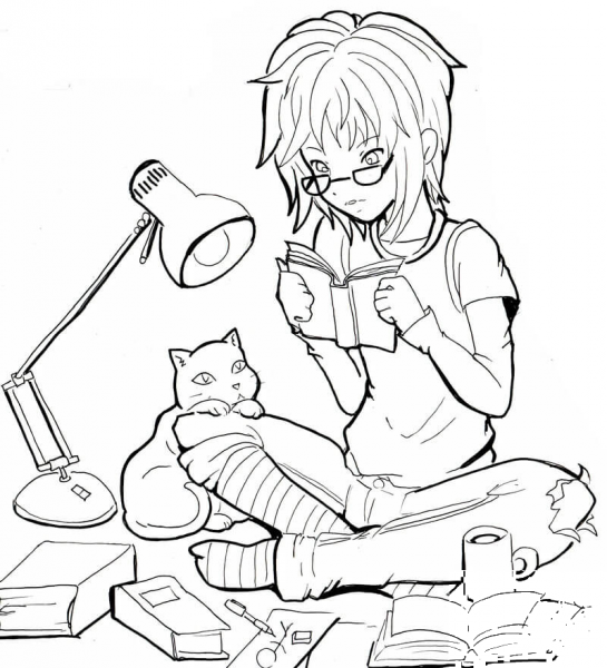 Reading with a Cat coloring page image