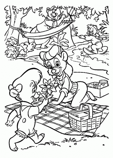 Rebecca, Kit, and Baloo are picnicking coloring page image