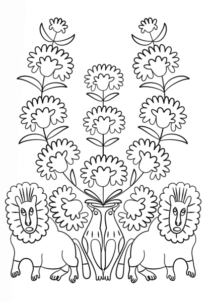 Red Poppies by Maria Prymachenko coloring page image