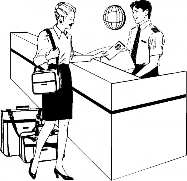 Registration at the airport coloring page image