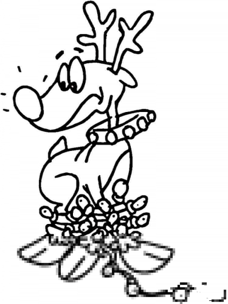 Reindeer tangled in Christmas lights coloring page image