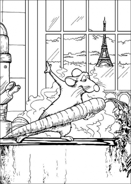 Remy is dancing with carrot. The best view of the Eiffel Tower is in the window.  coloring page image