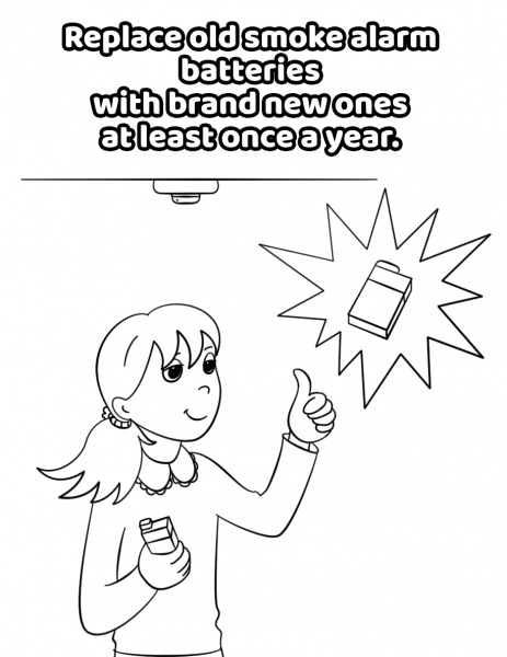 Replace Old Smoke Alarm Batteries with Brand New Ones at Least Once a Year coloring page image