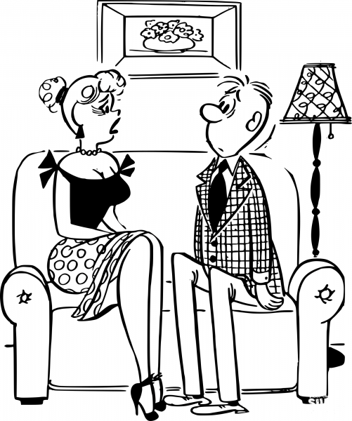Retro Couple on Sofa coloring page image