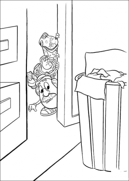 Rex, Buzz And Mr Potato Head Are Hiding Behind The Door  coloring page image