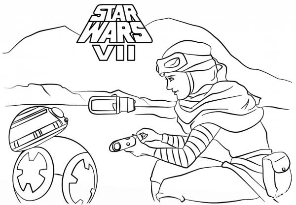 Rey and BB-8 coloring page image