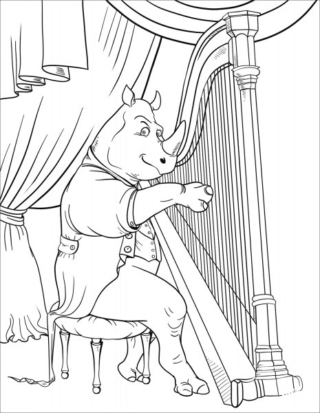Rhinoceros Playing Harp coloring page image