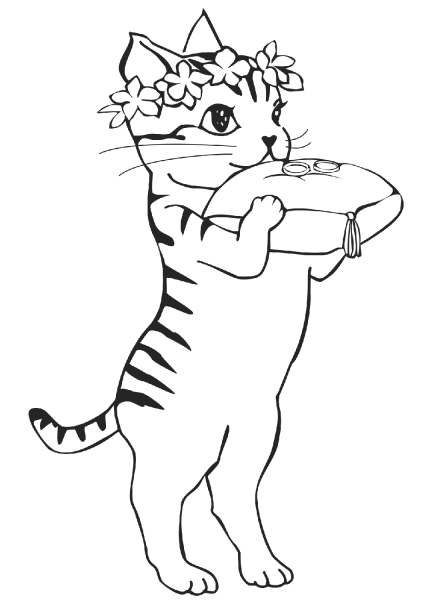 Ring Bearer Cat with Ring Pillow coloring page image