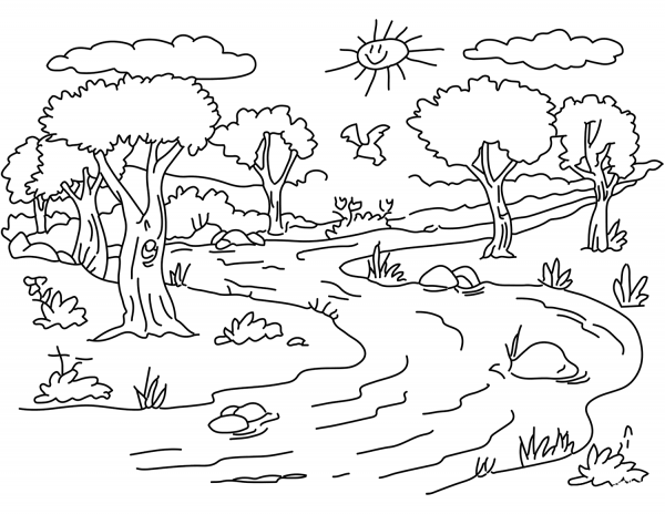 River Landscape coloring page image