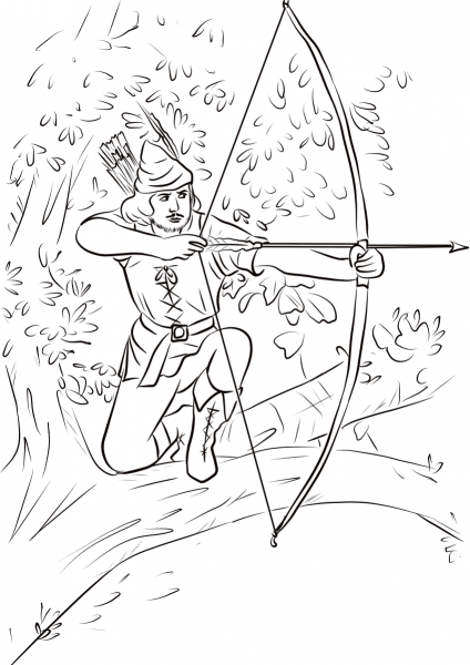 Robin Hood sitting on a tree branch coloring page image