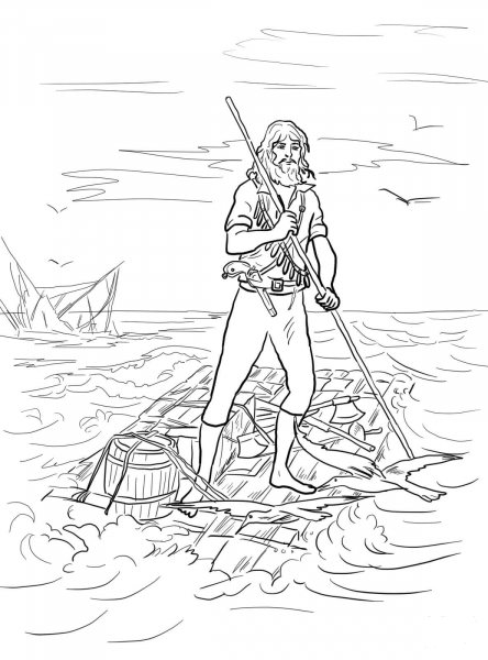 Robinson Crusoe on a Raft after Shipwrecked coloring page image