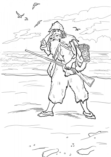 Robinson Crusoe Sees Footprints on a Sand coloring page image