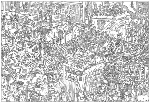 Robots Factory Doodle coloring page image