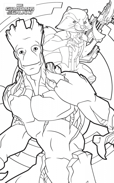 Rocket and Groot coloring page image