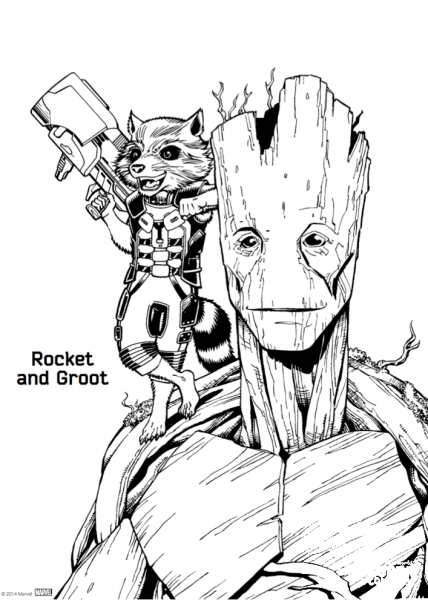 Rocket and Groot from Guardians of the Galaxy coloring page image