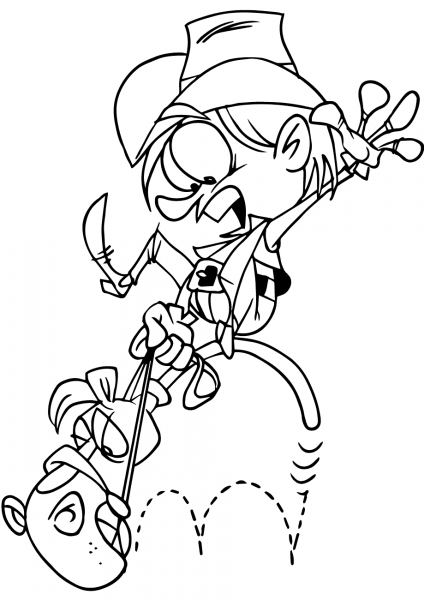 Rodeo Kid Riding Toy Horse coloring page image