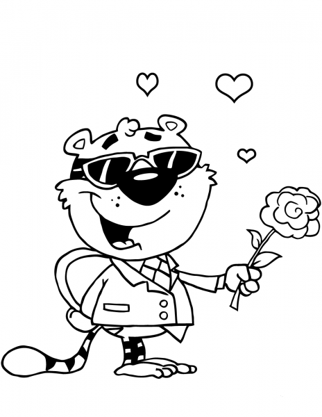 Romantic Tiger with Flower and Gift coloring page image