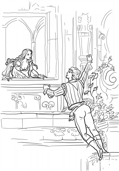 Romeo and Juliet Balcony Scene coloring page image