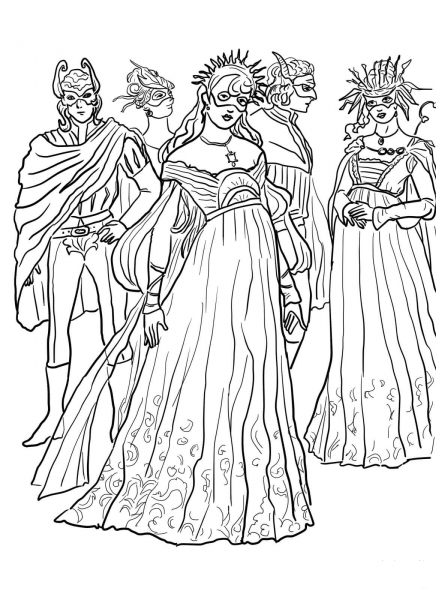Romeo and Juliet Masquerade Ball coloring page image