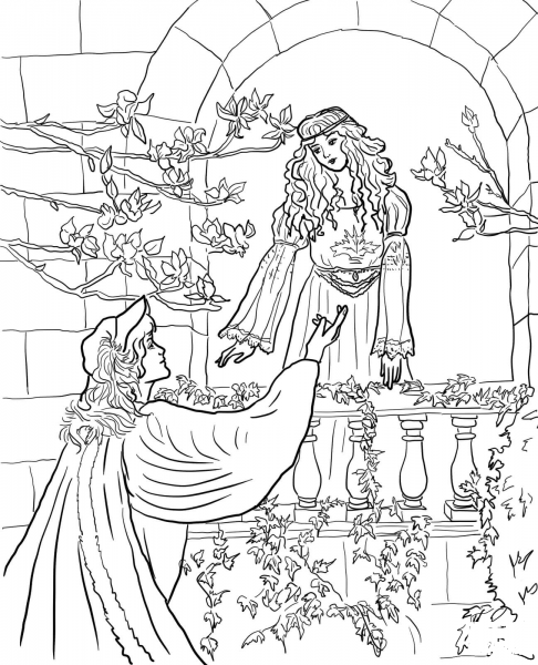 Romeo Speak to Juliet on the Balcony coloring page image