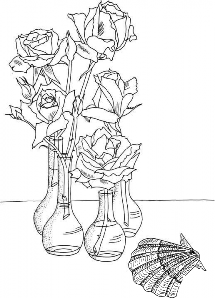 Roses in the vases near the shell coloring page image
