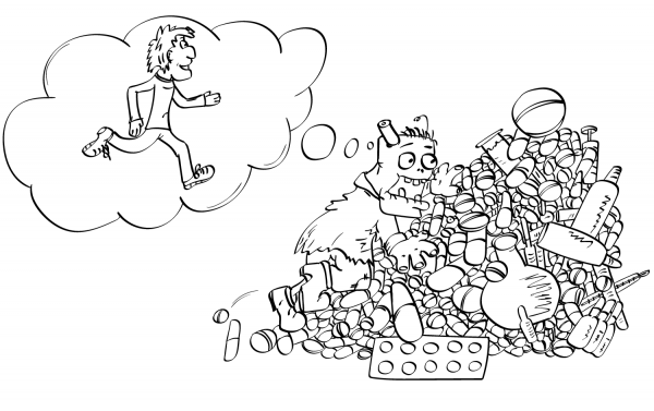 Runner and Zombie with Mountain of Pills coloring page image