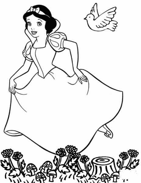 Running Snow White and a dove following her  coloring page image