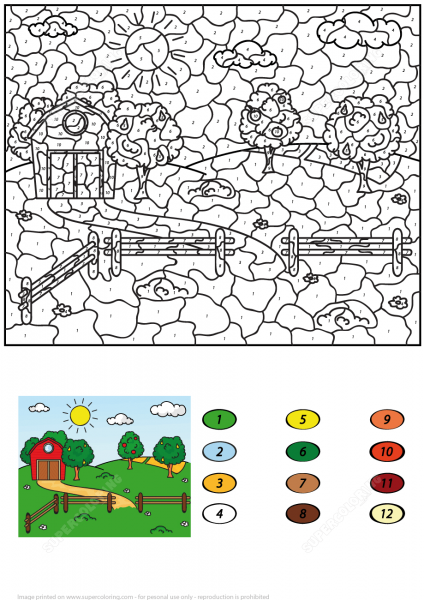 Rural Landscape with Barn Fruit Trees and Fields Color by Number image