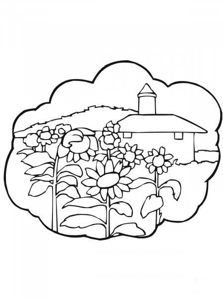 Rural Landscape with Sunflowers coloring page image