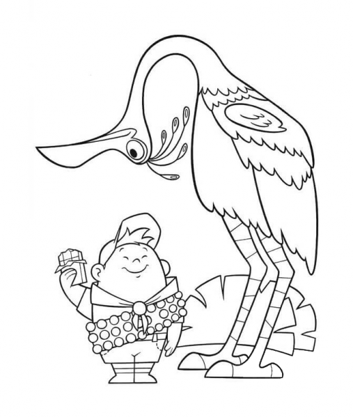 Russell and a giant Bird  coloring page image
