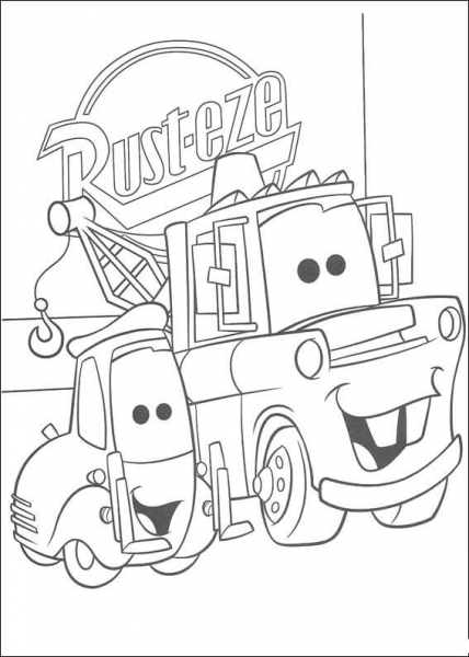 Rust-Eze logo behind Mater  coloring page image