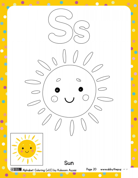 S is for Sun coloring page image