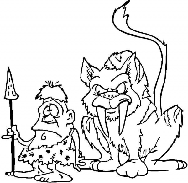 Saber Tooth Tiger and Caveman coloring page image