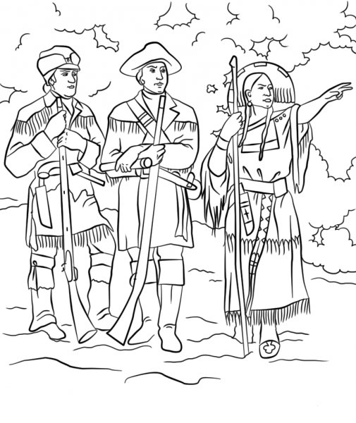 Sacagawea with Lewis and Clark coloring page image
