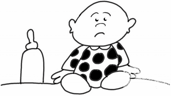 Sad Baby with His Bottle  coloring page image