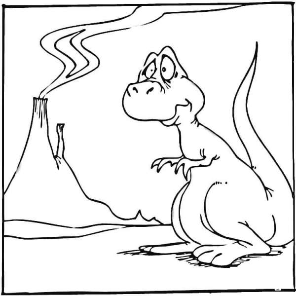 Sad Dinosaur and Volcano  coloring page image