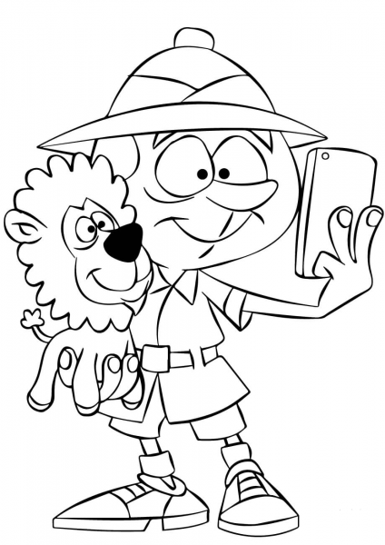 Safari Man Taking Selfie with Lion coloring page image